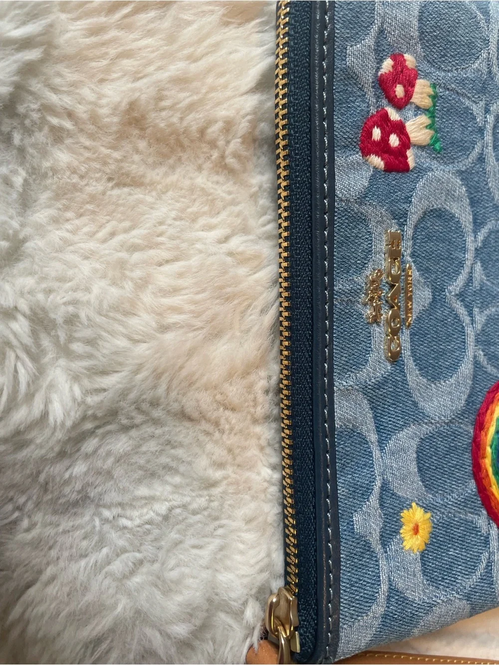 Coach Denim Wristlet with Rainbow, Cherries & Mushroom Embroidery